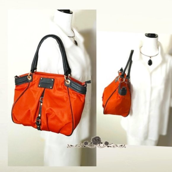 Orange Nylon Black Real Leather Trim Tote Travel Shopping Bag Carryall Shoulder - Picture 2 of 12